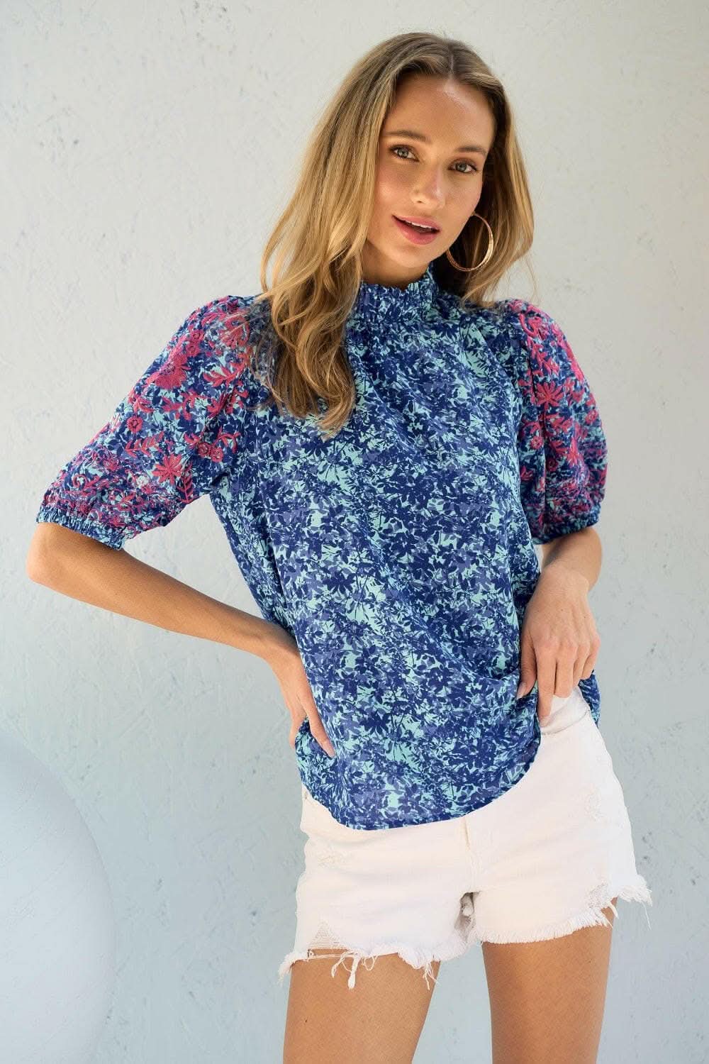 Hailey &amp;amp; Co Embroidered Puff Sleeve Printed Blouse