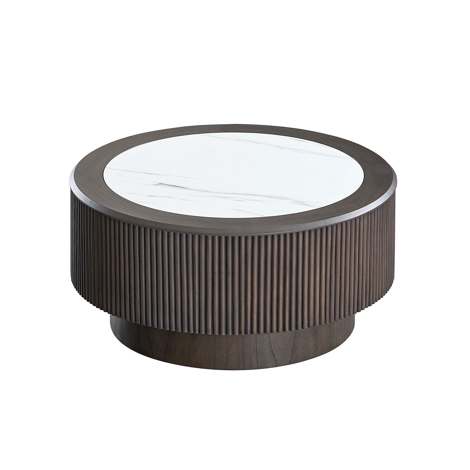 31.5 inch Modern Faux Marble Pattern Stickers Coffee Table Round Coffee Table for Living Room,Small Table with Sturdy Pedestal,Dark Brown