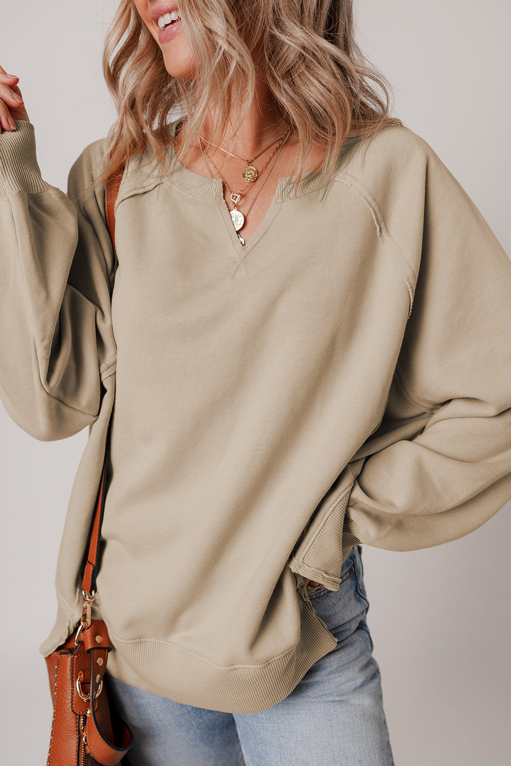Solid Raw Edge Raglan Sleeve Side Slit Sweatshirt