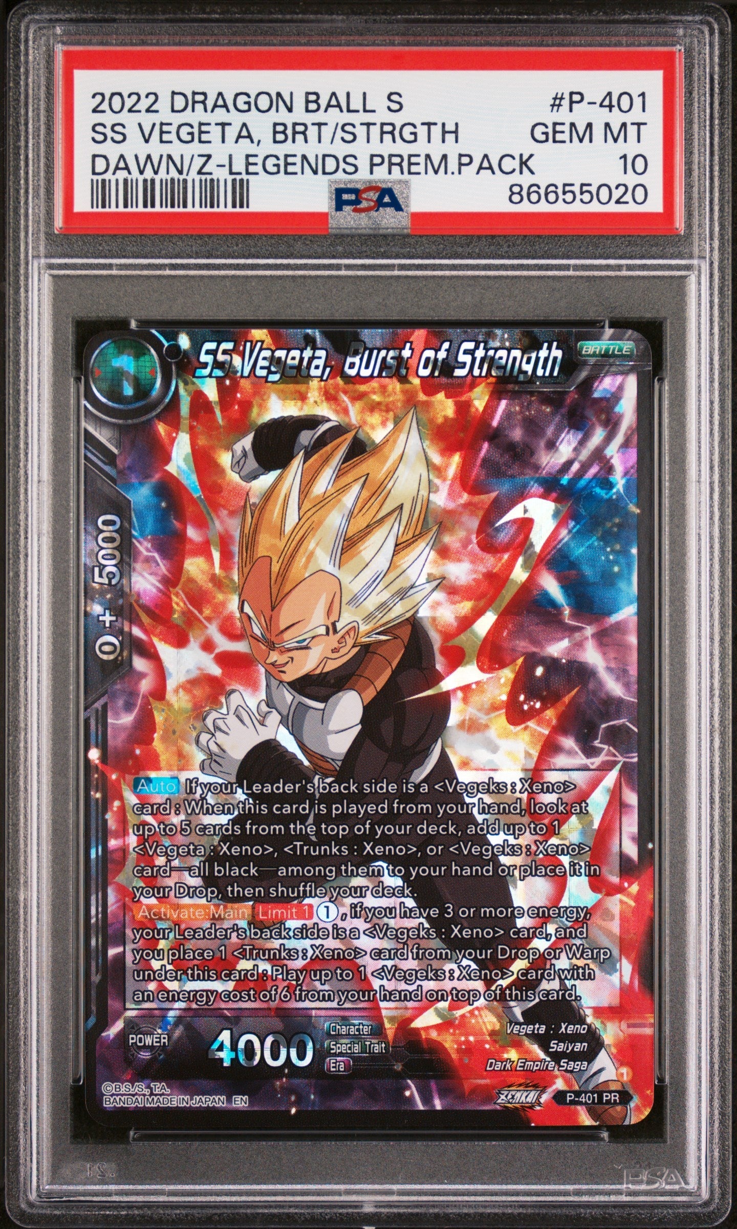 2022 DRAGON BALL SUPER DAWN OF THE Z-LEGENDS SS VEGETA, BRS/STRGTH #P-401 PSA 10