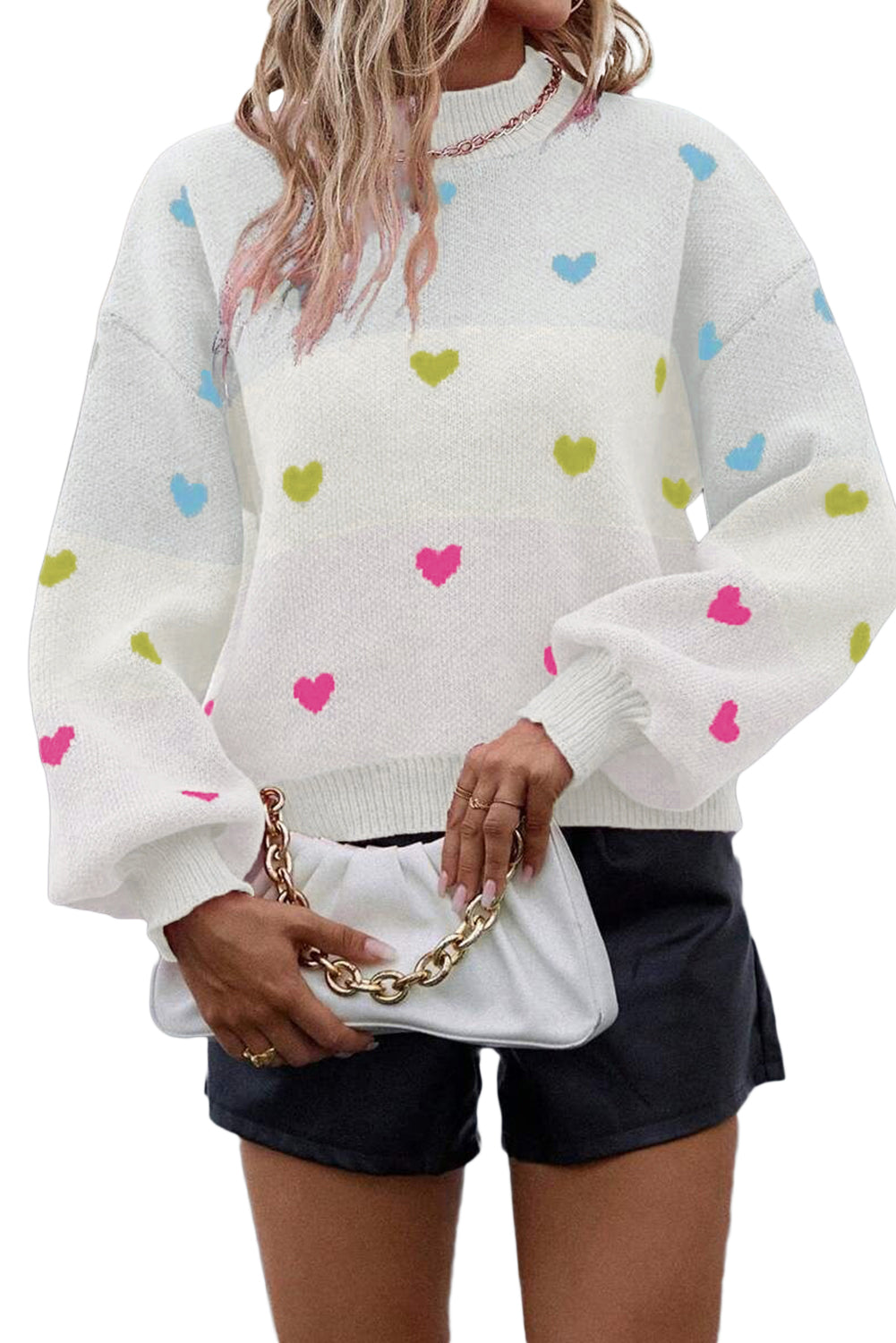 Multicolor Heart Pattern Colorblock High Neck Sweater
