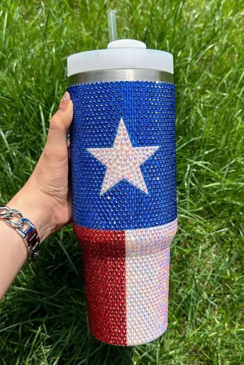 Love Salve Dark Blue Rhinestone American Flag Tumbler Patriotic 40oz Drinkware - Sparkly!