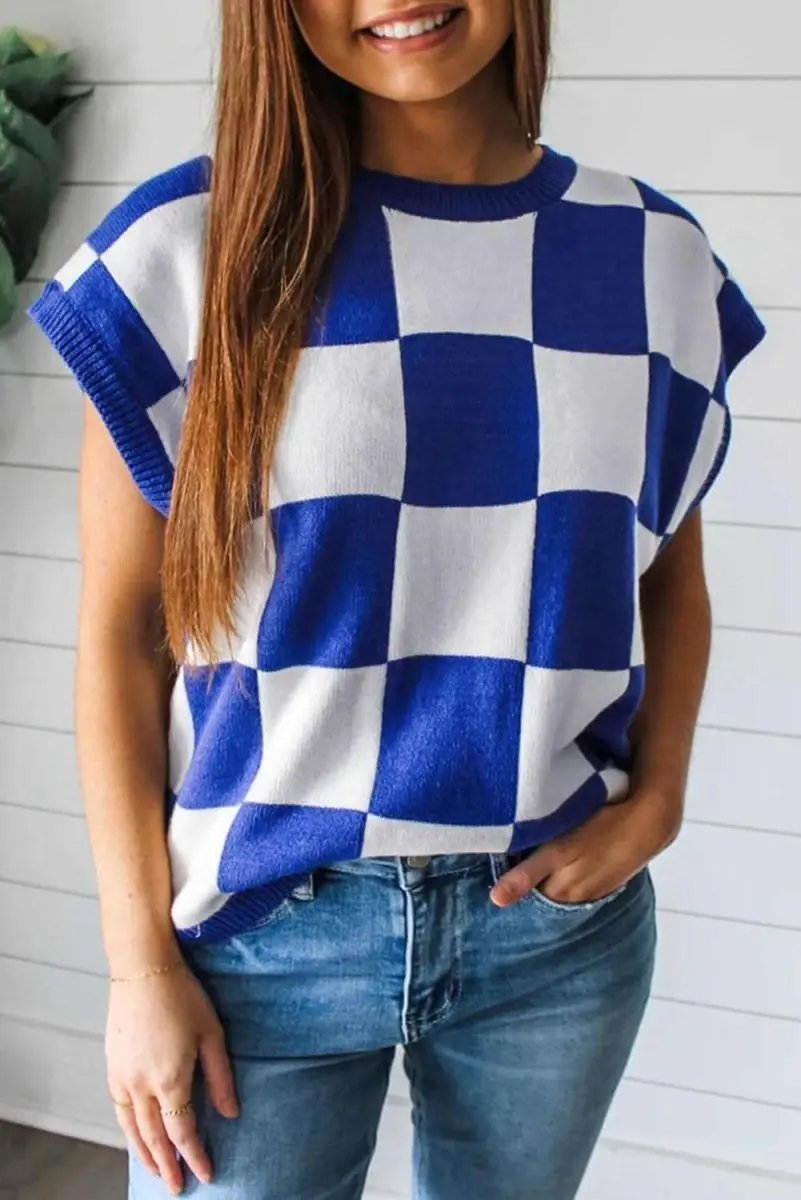 Love Salve Dark Blue Checkerboard Women&amp;#39;s Sweater Vest Stylish Layering Fashion Top
