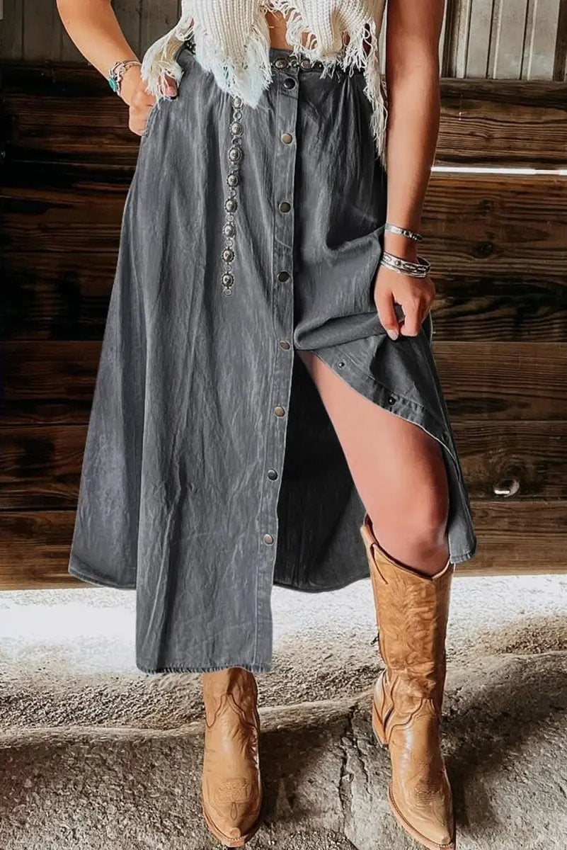 Love Salve Dark Grey Denim Skirt Women&amp;#39;s Daily Long Buttoned Skirt - Western Style
