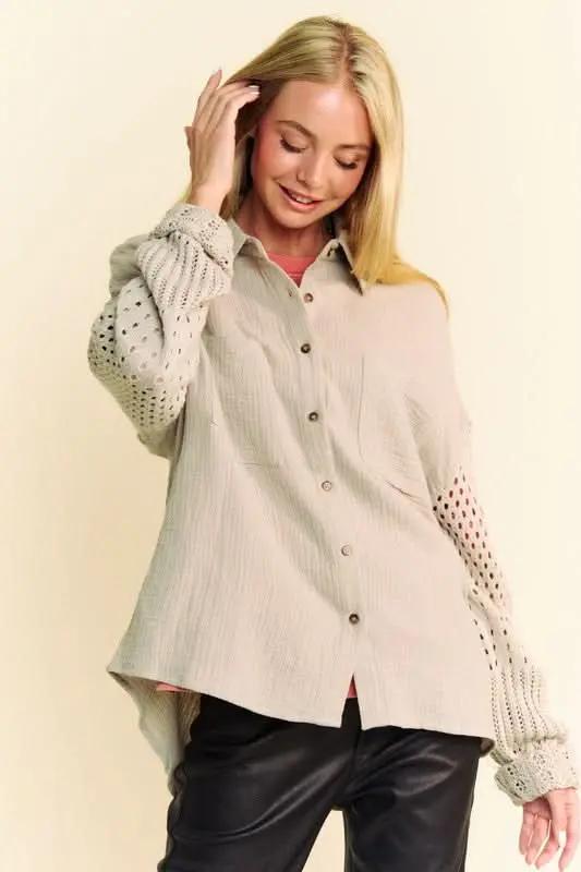 Trendsi Crochet Sleeve Shirt Women&amp;#39;s Casual Top Crinkled Texture Lightweight