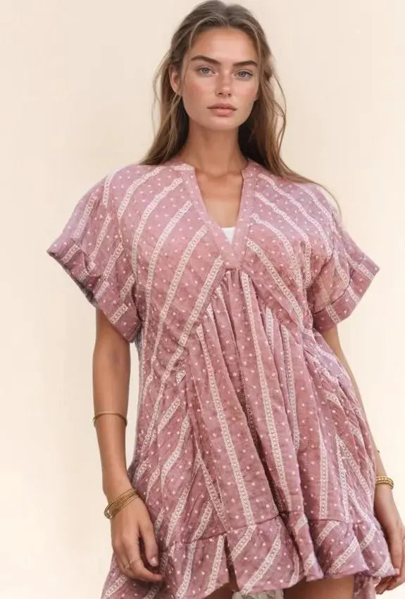 Trendsi V-Neck Mini Dress Women&amp;#39;s Casual Ruffled Embroidery Summer Dress