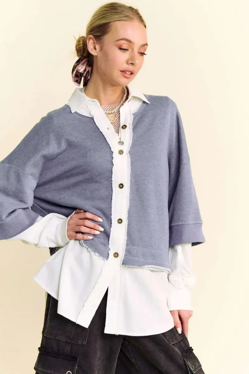 Faux Layered Top Women&amp;#39;s Casual French Terry Shirt - Comfy &amp;amp; Stylish
