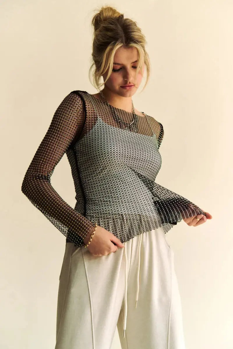 Trendsi Rhinestone Mesh Top Women&amp;#39;s Party Sheer Sparkle Tee