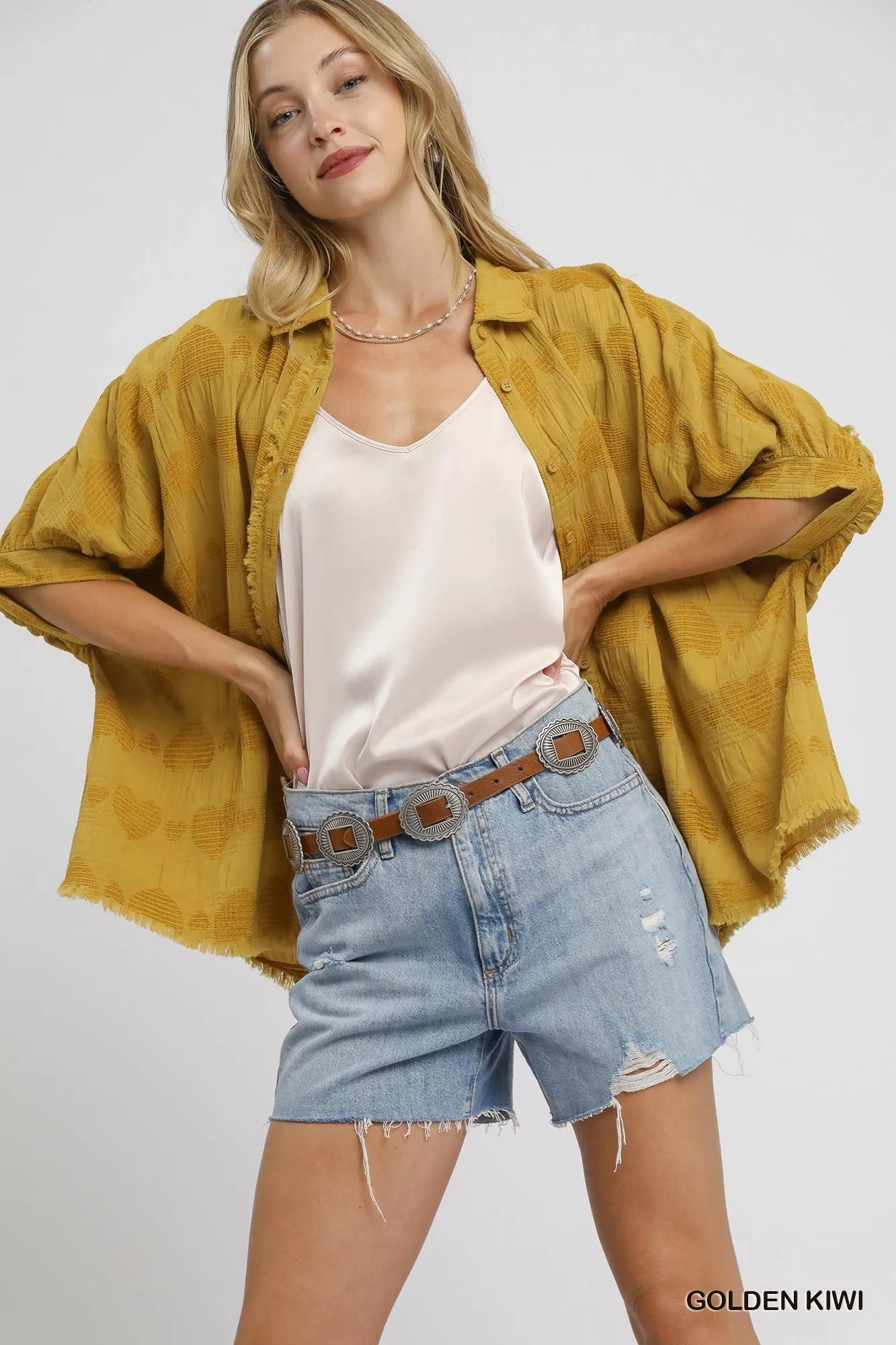 Umgee Jacquard Heart Collared Shirt