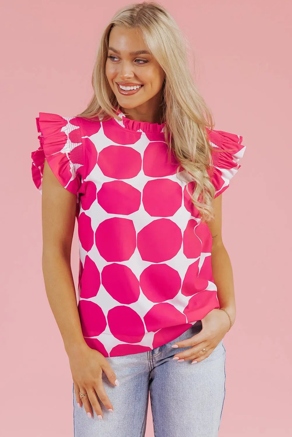 Threaded Pear Bubblegum Frilled Top Women&amp;#39;s Summer Fashion Flutter Sleeve Top