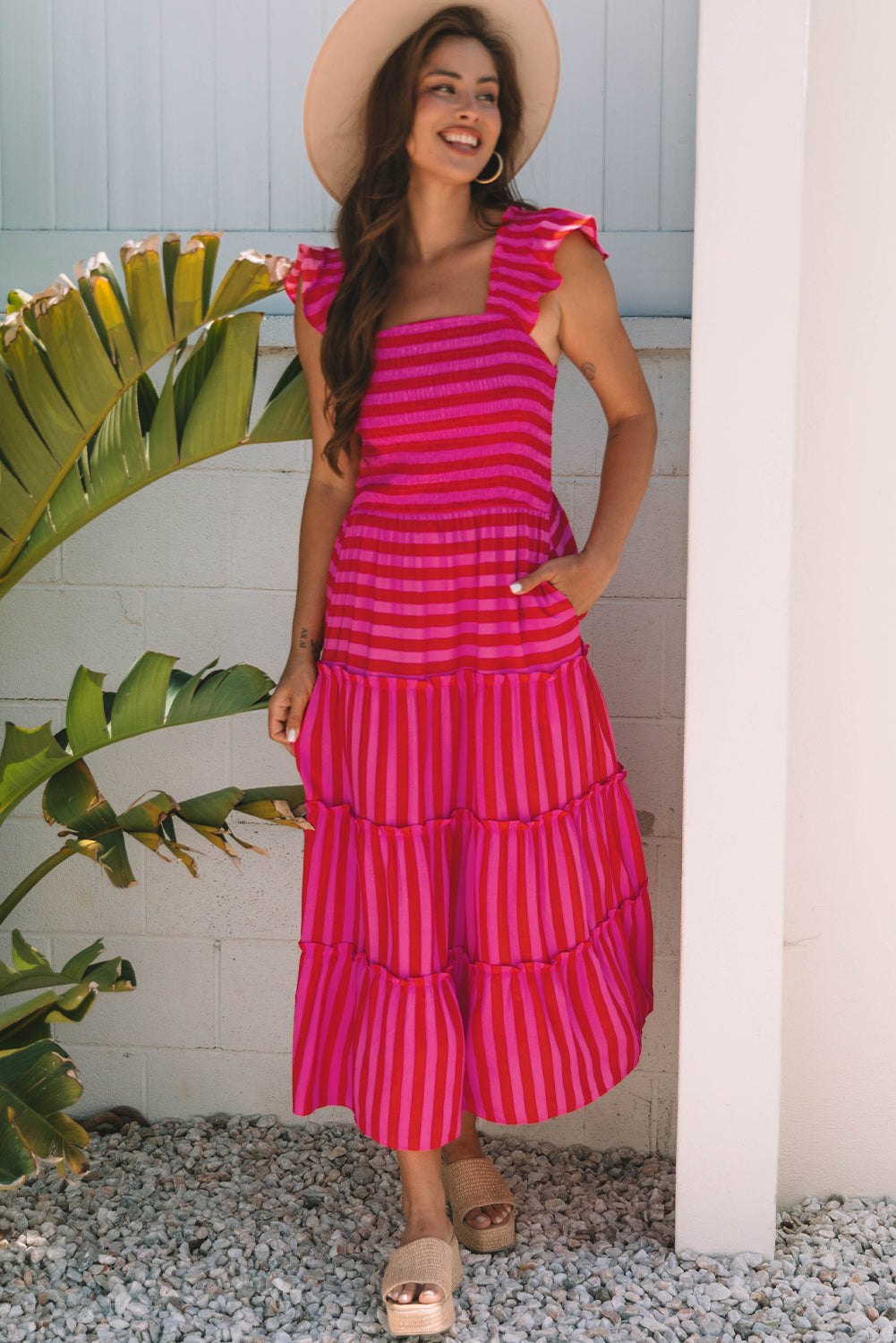 Arisbeth Stripe Flutter Sleeve Maxi Dress
