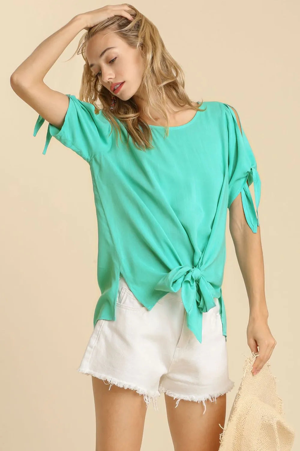 Umgee Cold Shoulder Short Sleeve Round Neck Top with Side Slits and Tie-able Knot Details