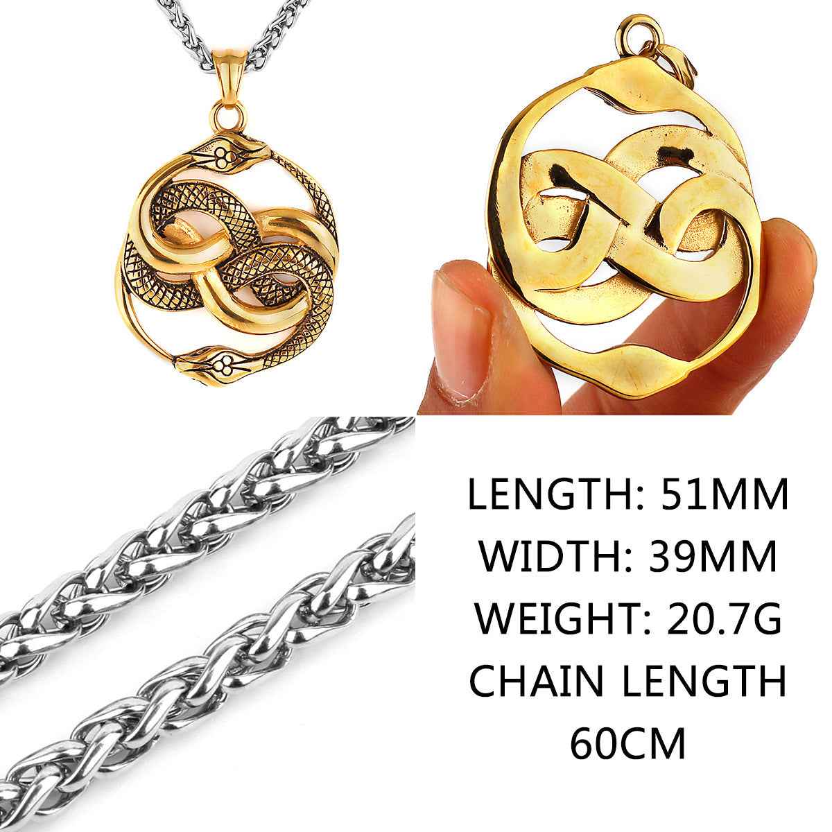 Mens Snake Pendant Necklace Set with Casual Mechanical Watch Fashion Accessory