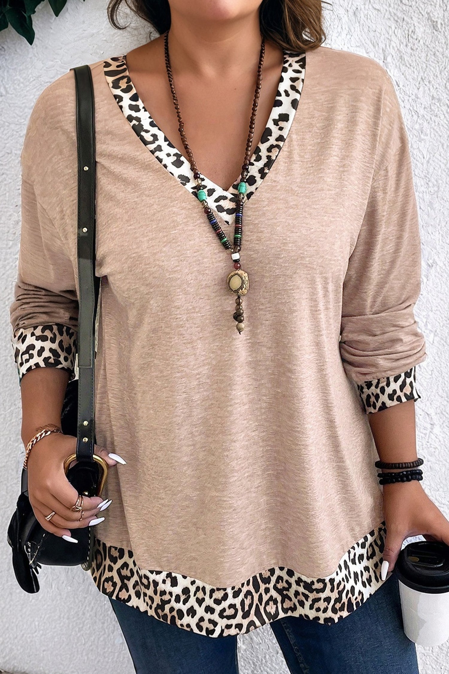 Plus Size Leopard Patchwork V-Neck Long Sleeve Top