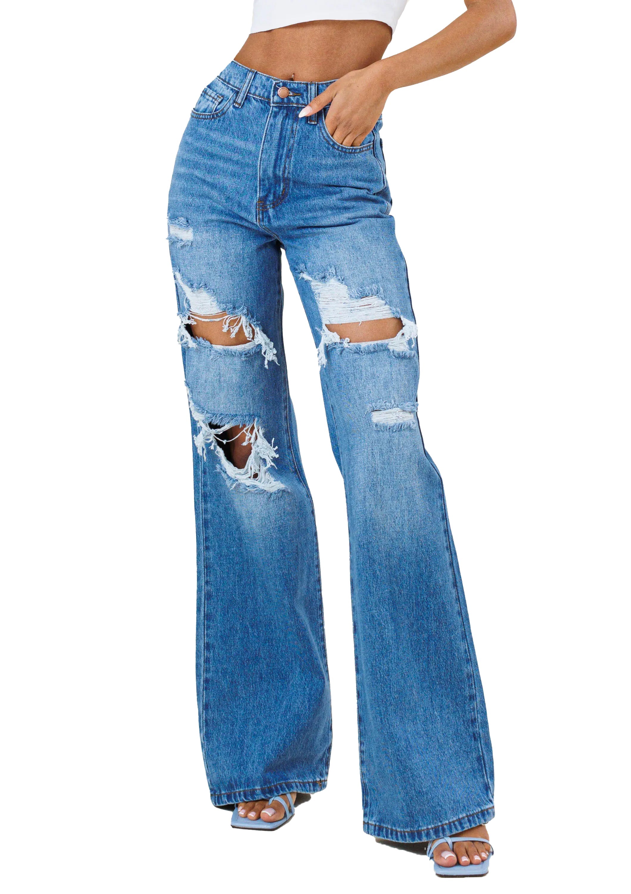 Distressed Wide Denim Jeans {33.5&amp;quot; inseam}