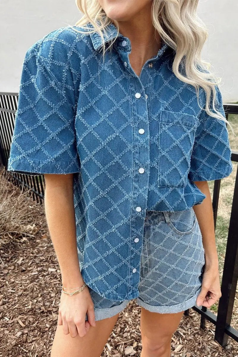 Love Salve Blue Checkered Denim Daily Wear Shirt Women&amp;#39;s Casual Short Sleeve Top