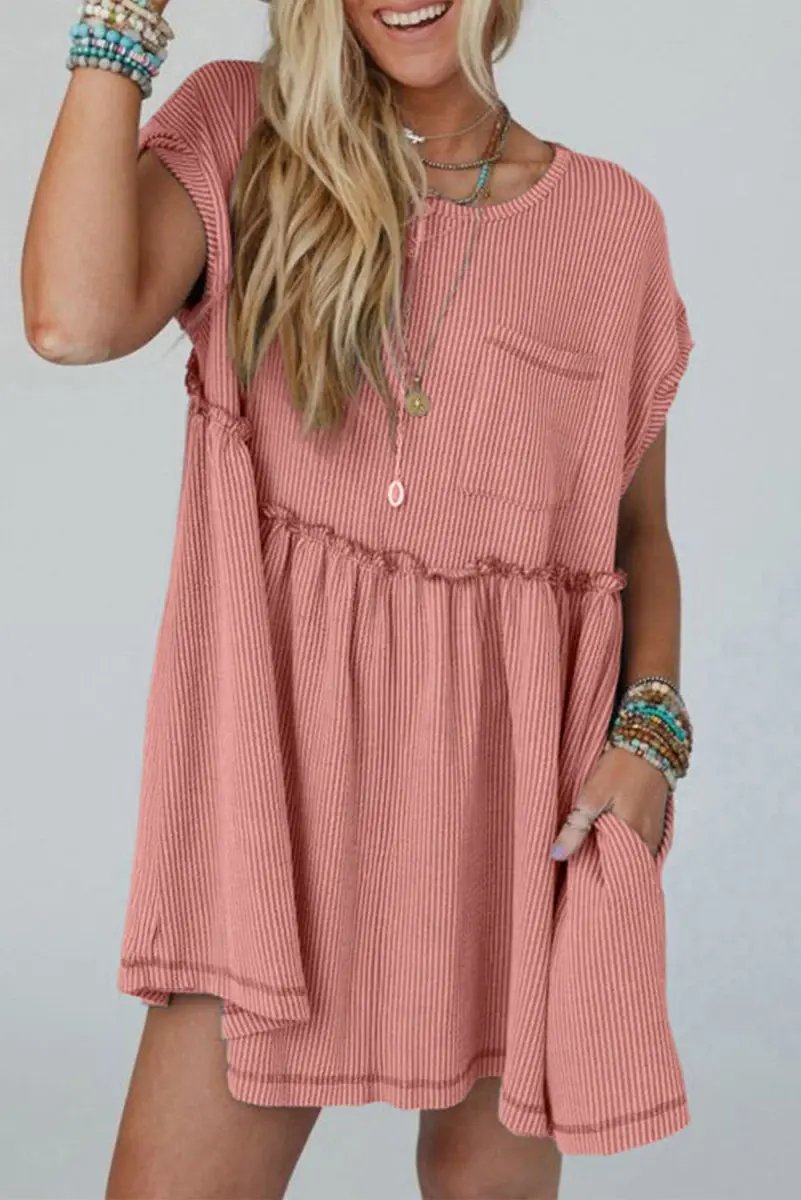 Love Salve Pink Corded Mini Dress Women&amp;#39;s Daily Casual Swing Dress - Textured &amp;amp; Frilled