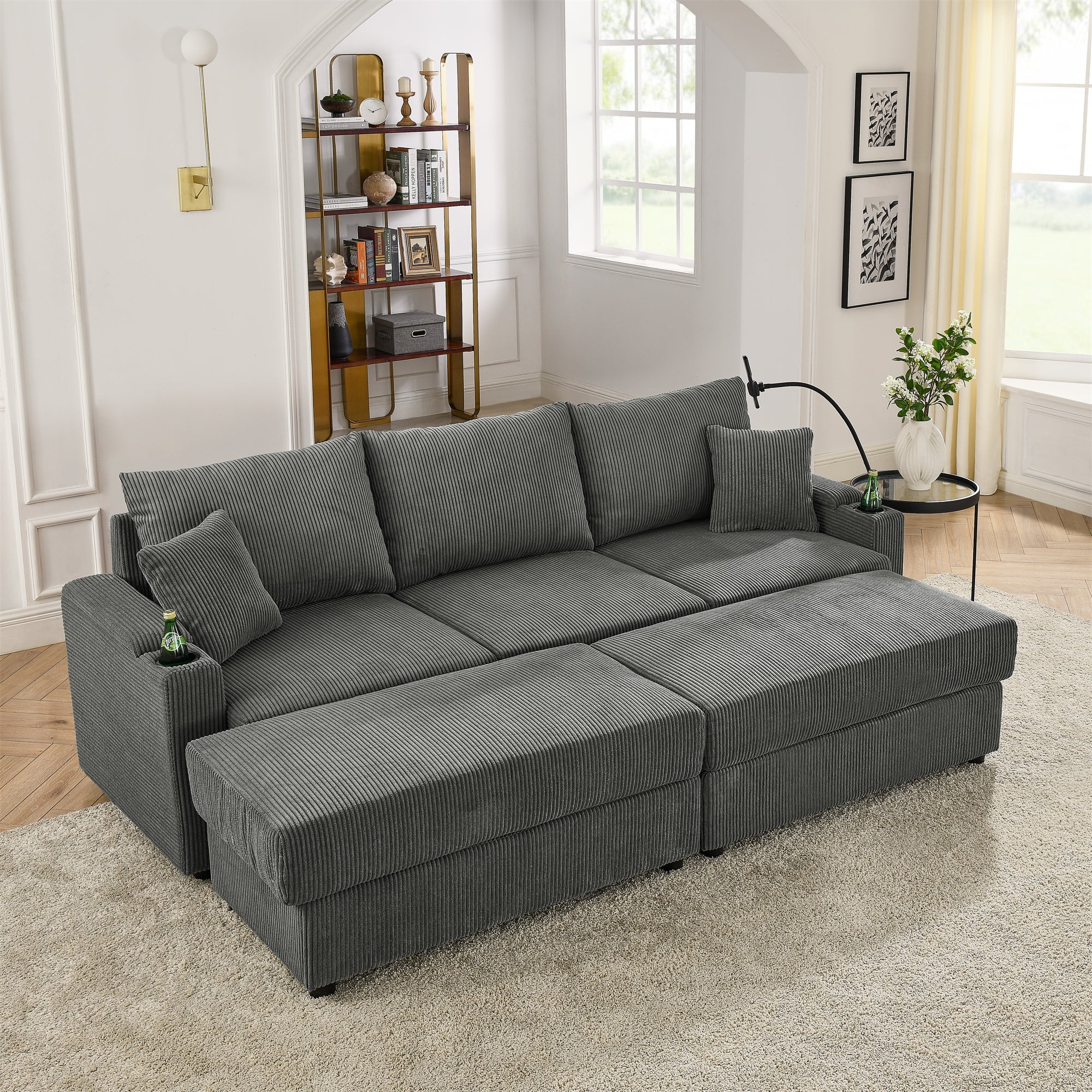 Modern Sofa bed with Storage, with  2 Ottomans, Deep Seat Sofa with Cup Holders &amp;amp; Phone Holder , Beige Corduroy Couch for Living Room