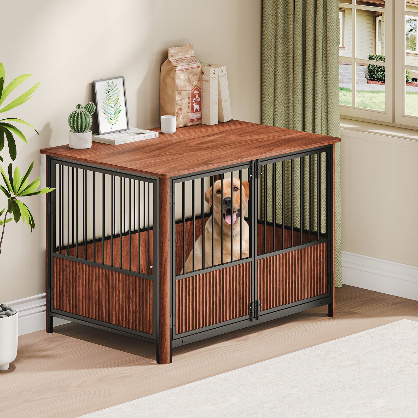 43&amp;#39;&amp;#39; Walnut Fluted Wood Furniture Style Dog Crate for Large &amp;amp; Medium Dogs - Double Door Design, Decorative Pet House &amp;amp; Indoor Side End Table.