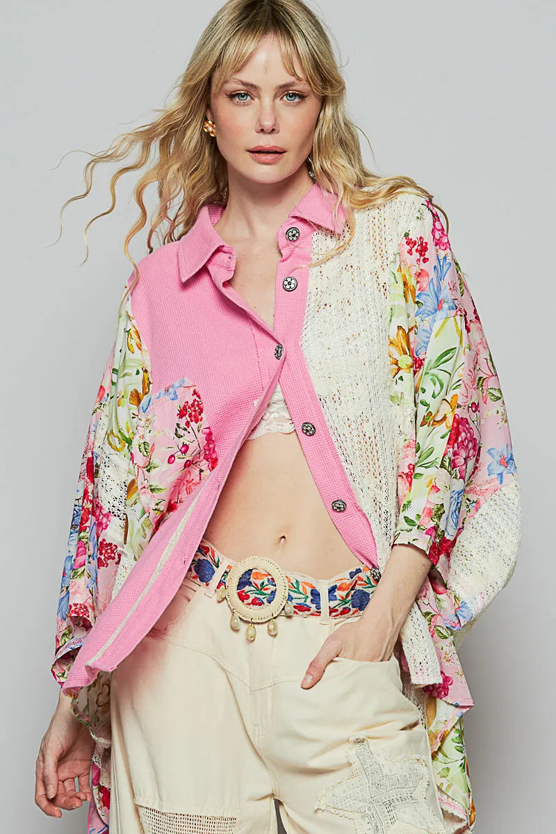 POL Thermal and Crochet Lace Mix Shirt with Floral Pattern