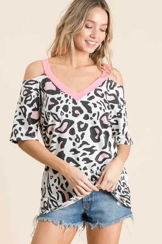 Trendsi Leopard Print Top Women&amp;#39;s Casual T-Shirt Shoulder Cut Out USA Ship