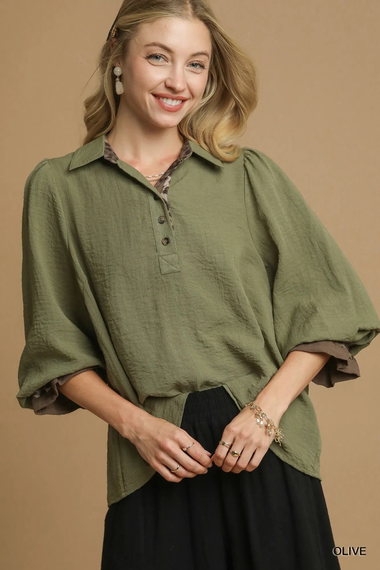 Umgee Half Button Blouse with Leopard Print Trim