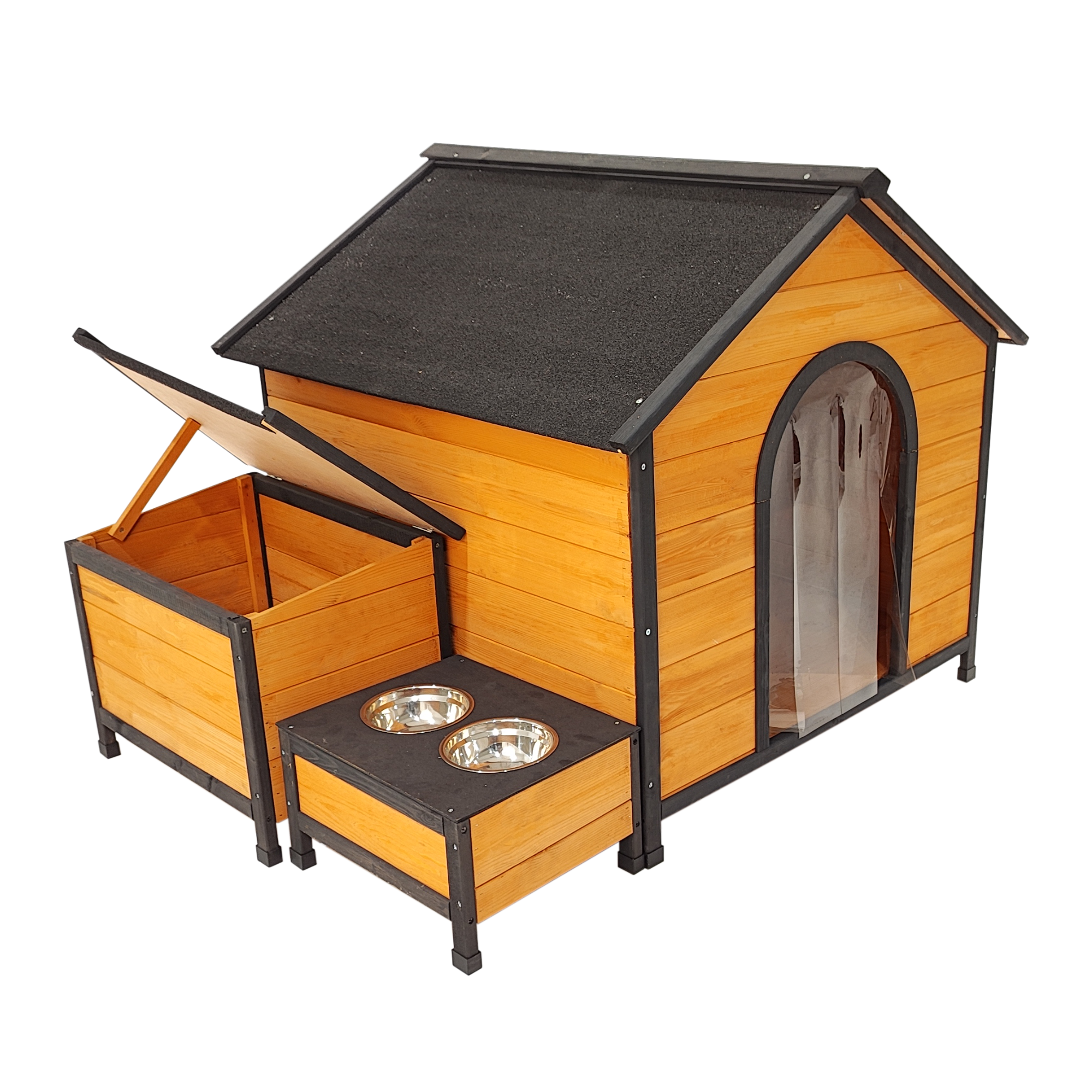 XPT088 Wearable and Strong Wooden Dog House with Metal Bowls and Toy Box, Natural, Solid Wood, 55.12 x 38.98 x 37.00 inches