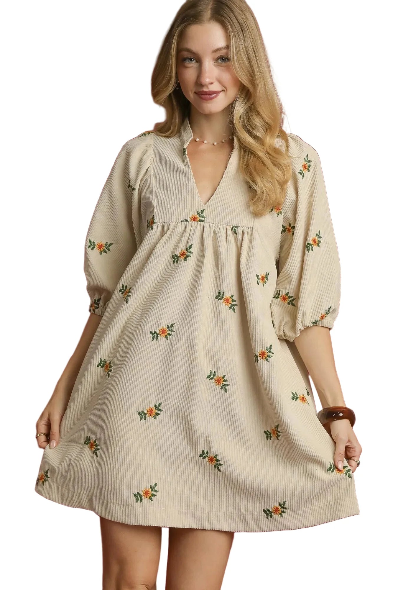 Garden Naked Corduroy Babydoll Dress with Floral Embroidery
