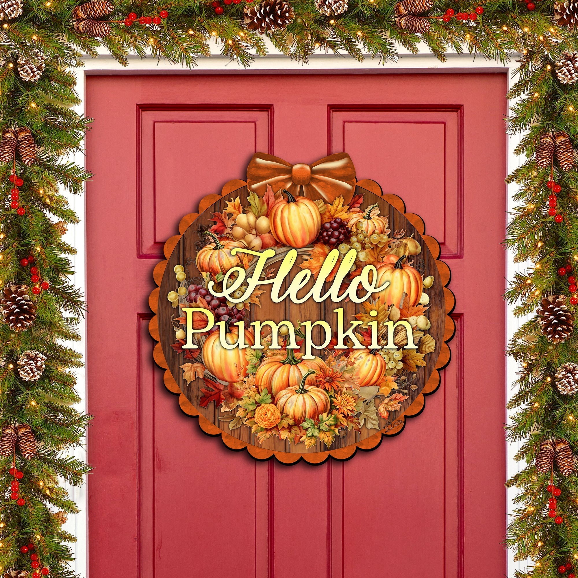 Hello Pumpkin Front Door Welcome Sign, Wooden Front Porch Decor by G. Debrekht Thanksgiving Halloween Decor - 933120H