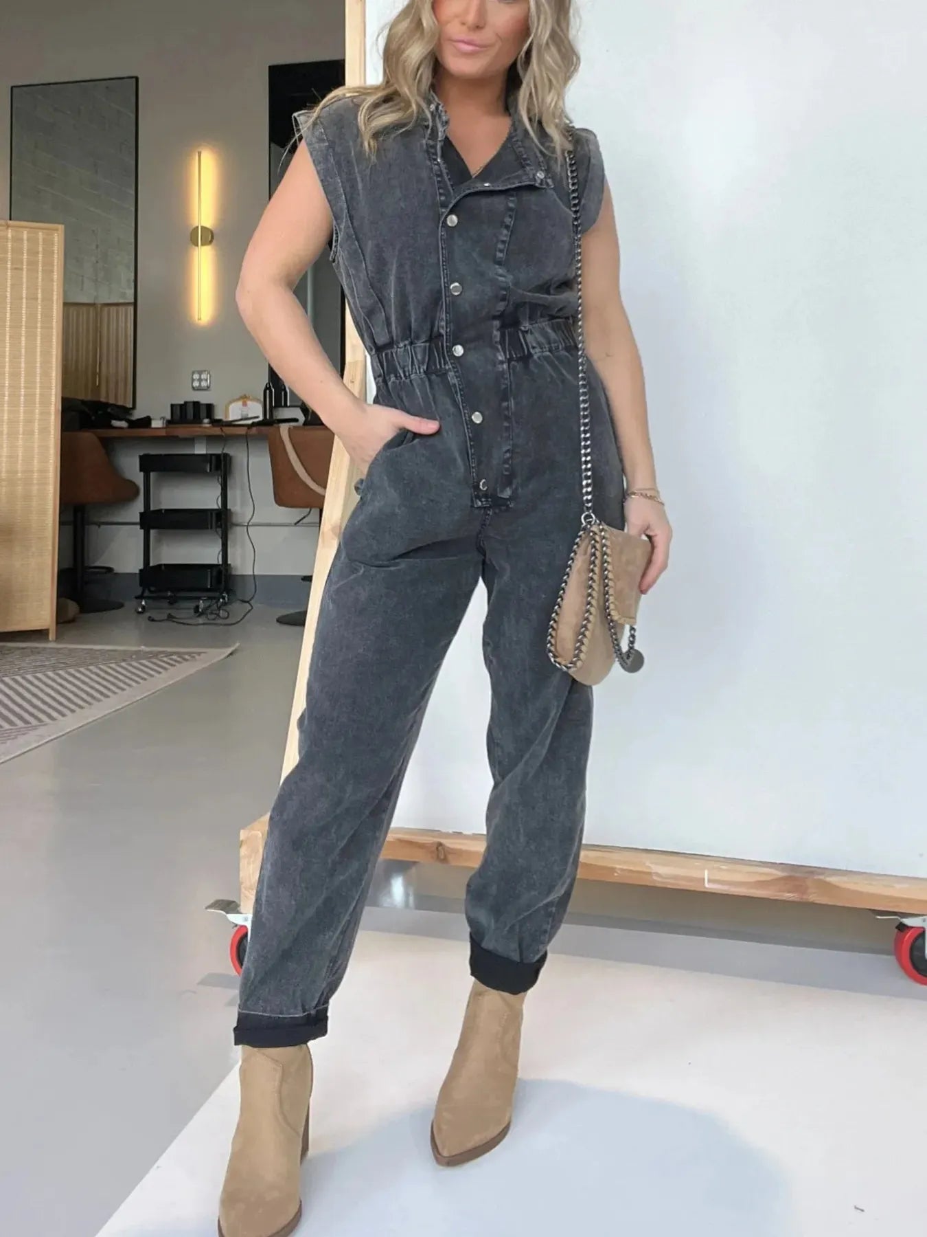 Full Size Button Front Cap Sleeve Denim Jumpsuit Plus Size