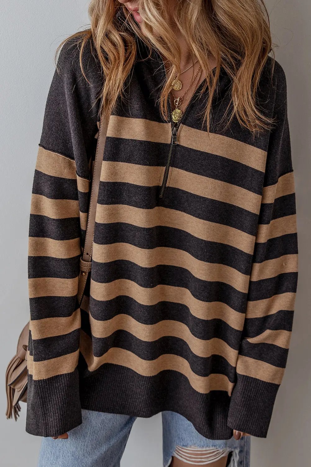 Threaded Pear Stripe Sweater Women&amp;#39;s Casual Oversized Quarter Zip Warm
