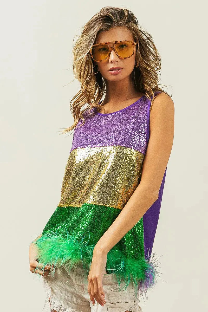 Trendsi Mardi Gras Sequin Top Women&amp;#39;s Party Tank - Color Block, Feather Hem