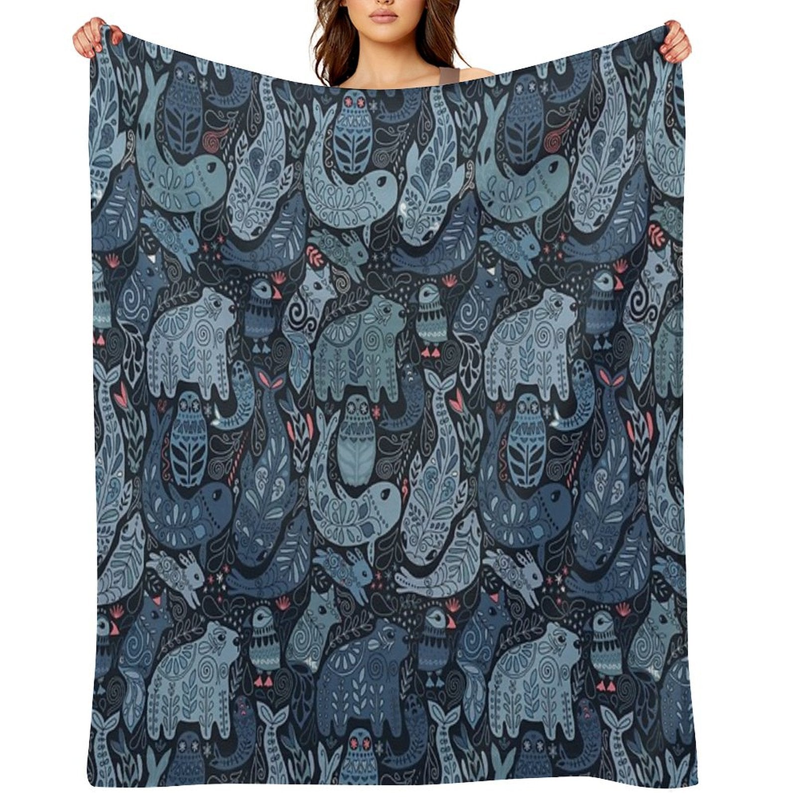 Arctic Animals. Narwhal, Polar Bear, Whale, Puffin, Owl, Fox, Bunny, Seal. Throw Blanket
