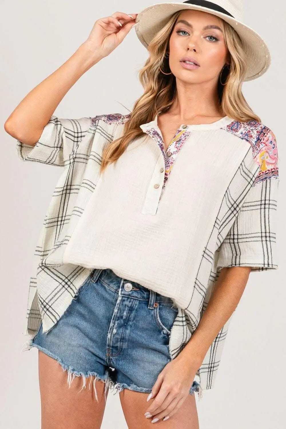 Trendsi just arrived - SAGE + FIG Plaid Half Button Gauze Top