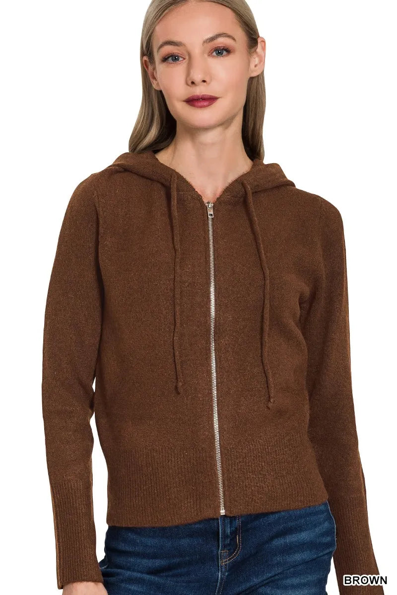 Zenana Drawstring Zip Up Hooded Cardigan