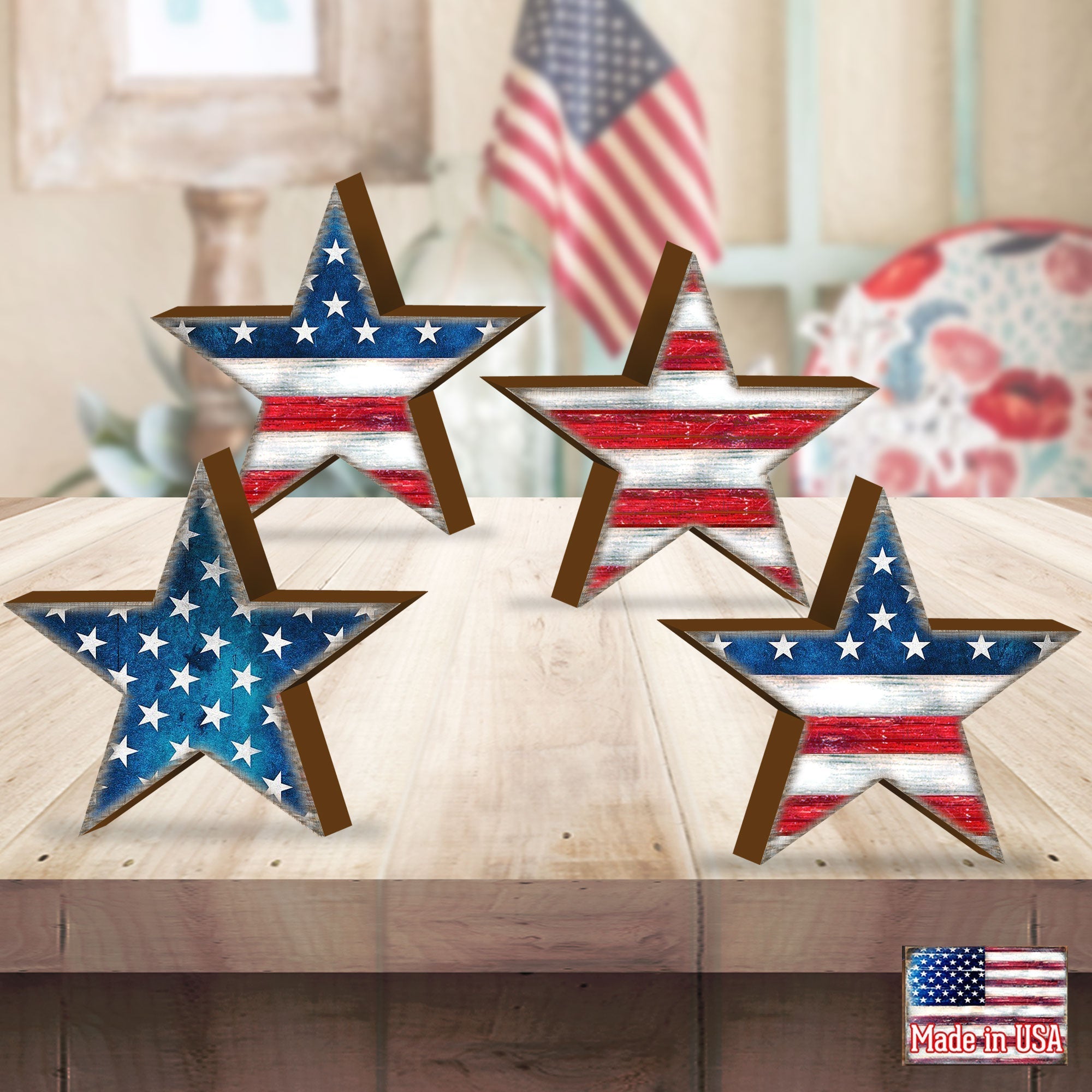 American Patriotic Star Shaped Set of 4 Wall Block - American Patriotic Decor - 8185302-2S-S4