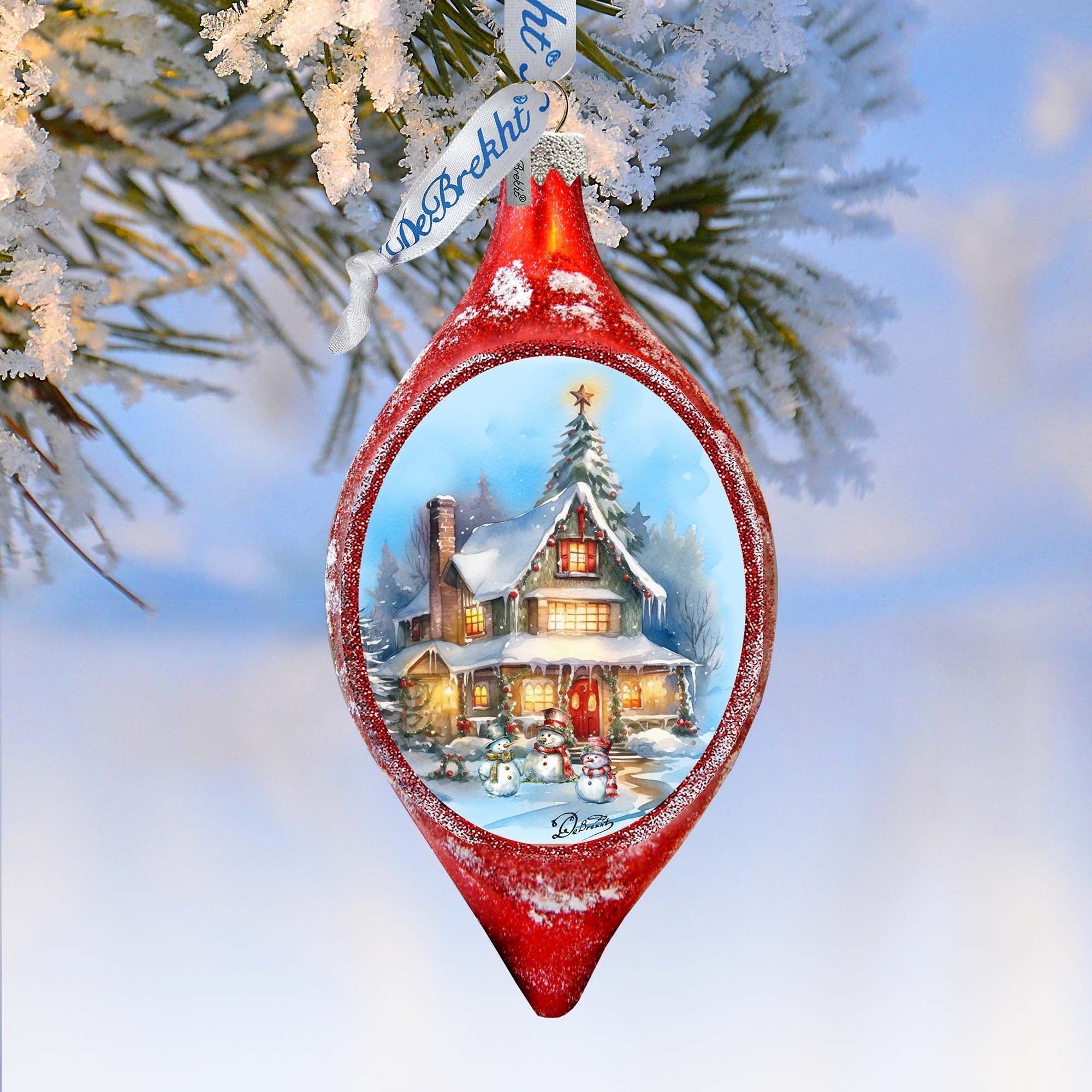 Christmas Cottage in Red Drop Glass Ornament by G. Debrekht Christmas Decor - 757-043