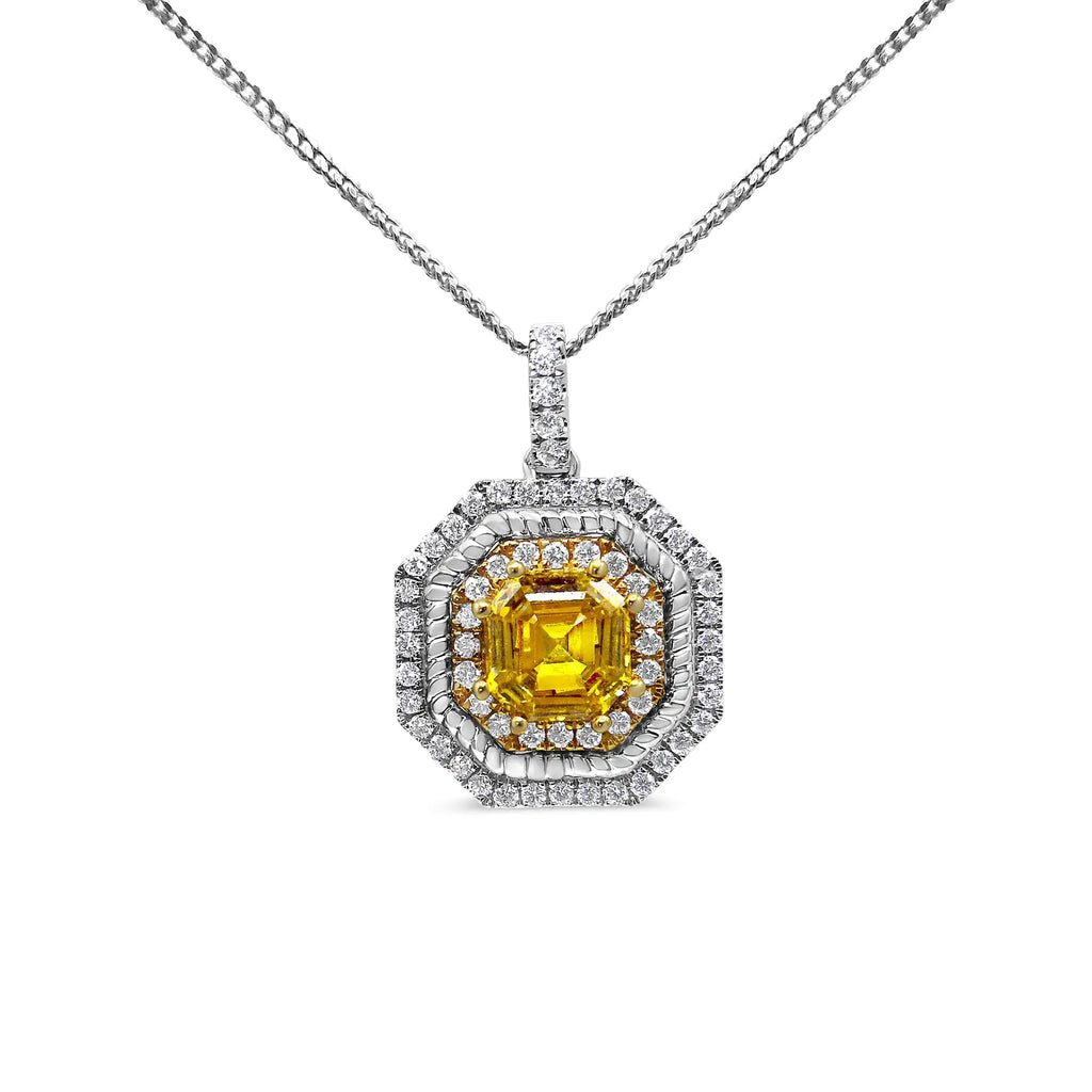 (.07) Style Loft Collection 18K White and Yellow Gold 2 1/4 Ctw Lab Grown Yellow Asscher Cut Diamond Art Deco Style Halo 18" Pendant Necklace (Yellow/G-H Color, VS1-VS2 Clarity)