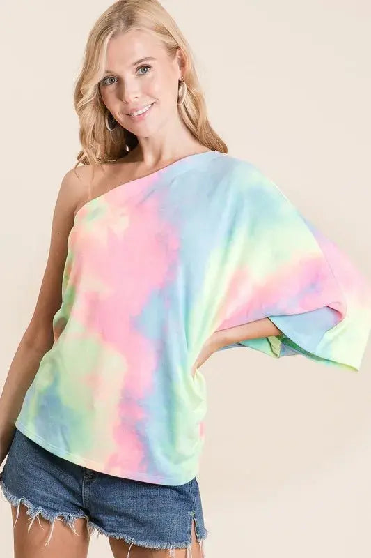 Trendsi Tie Dye Top Women&amp;#39;s Casual One Shoulder Tee - Soft French Terry