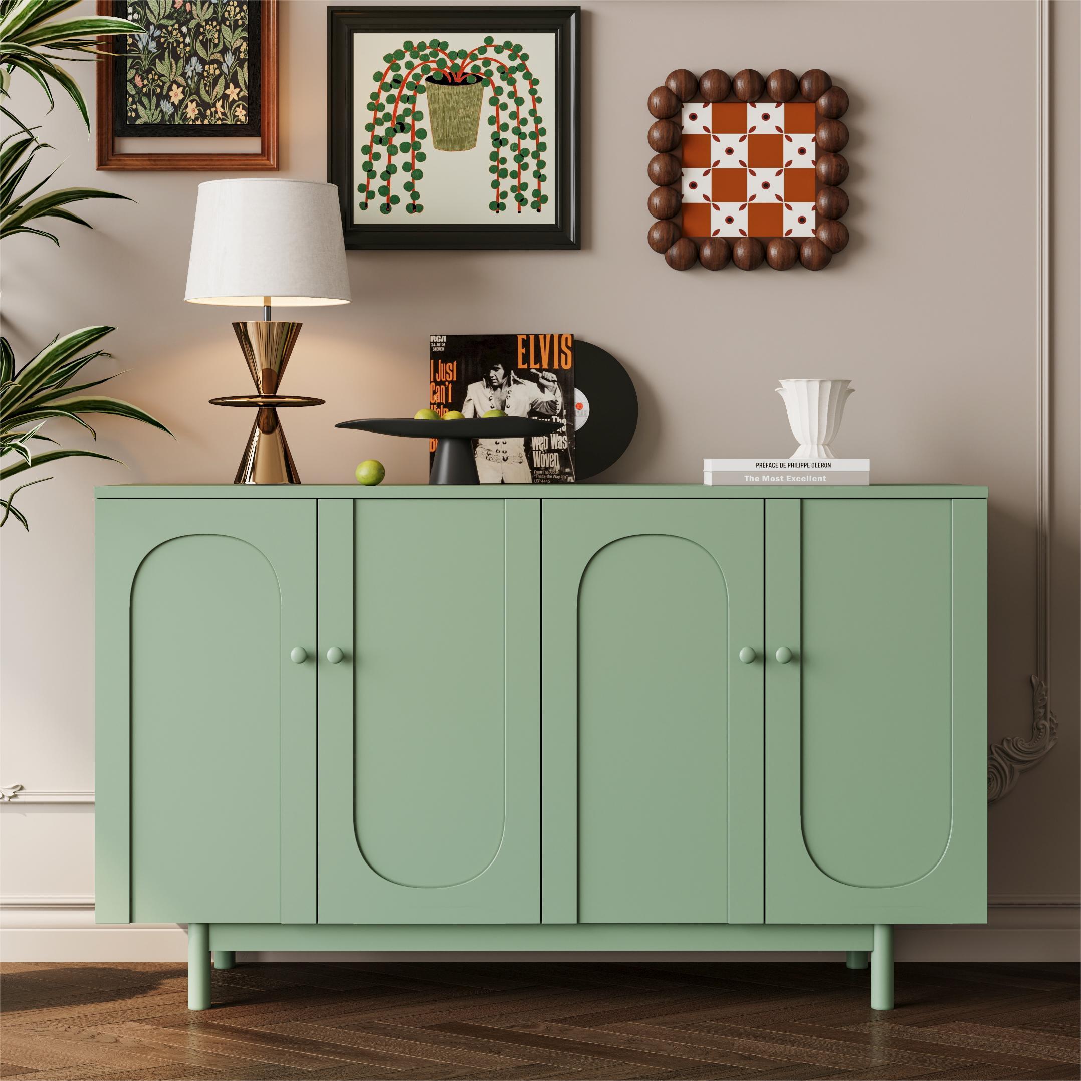 Stylish and Functional 4-Door Intaglio Storage Cabinet with Pine Legs, Solid Wood Pulls and MDF, for Living Room Bedroom,and Kitchen,Mint Green