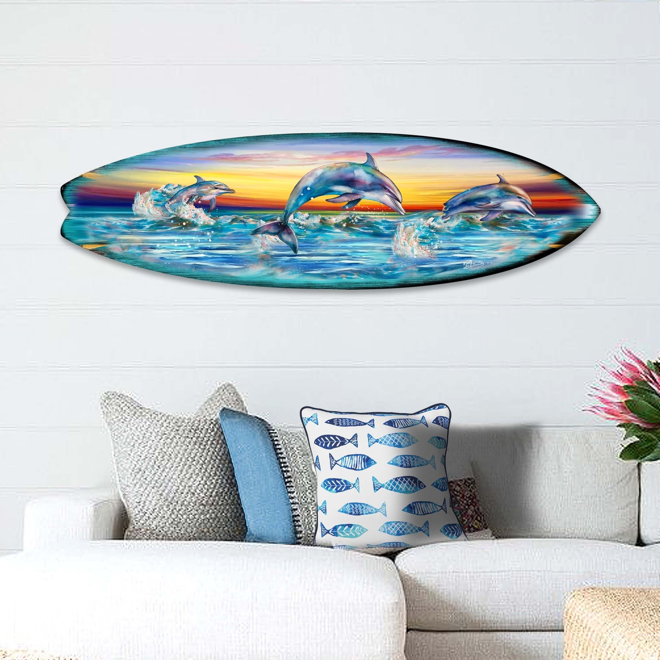 Dolphin&amp;#39;s Dance Surfboard Coastal Wall Art by G. DeBrekht - Coastal Holiday Decor - 8490122HS