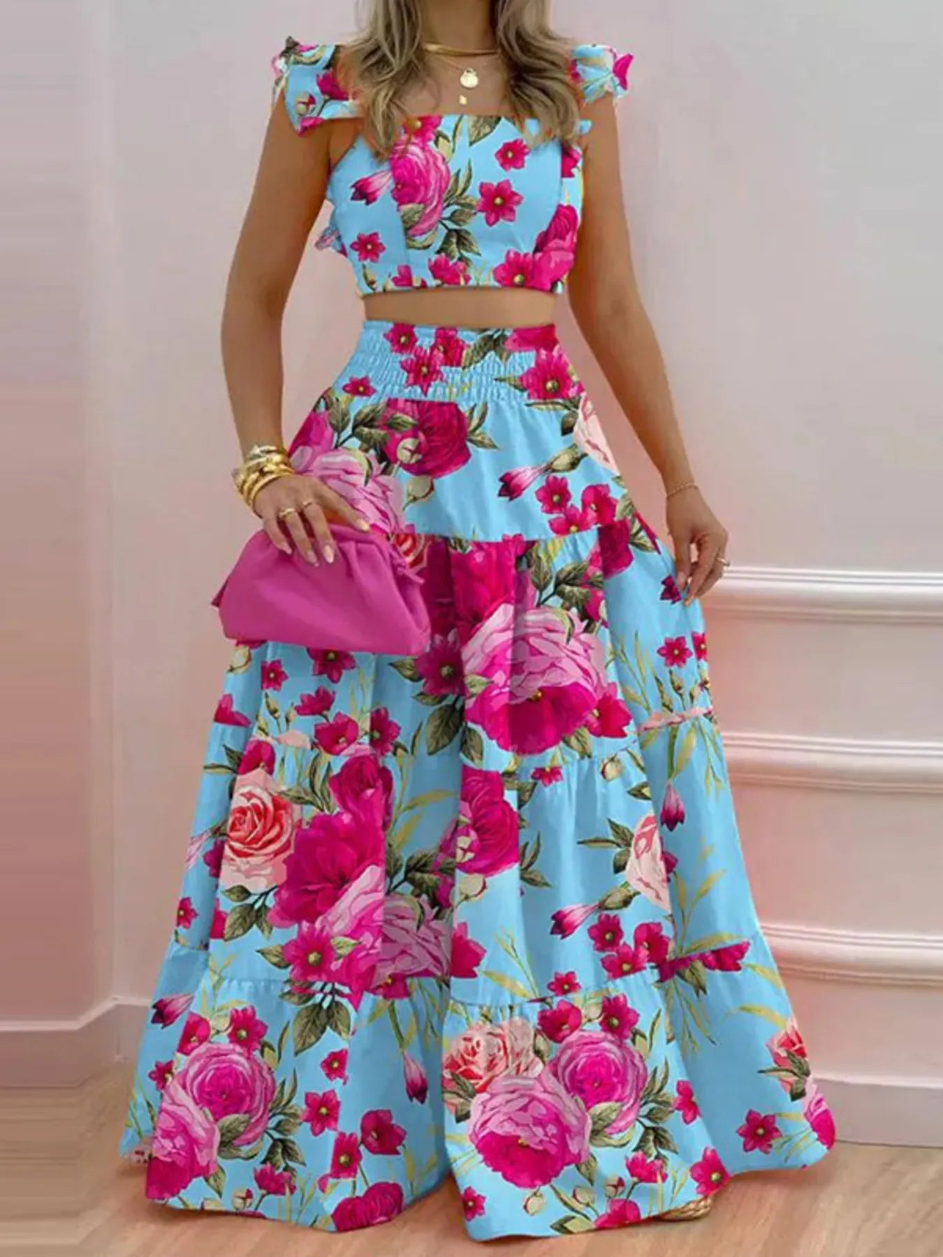 Full Size Ruffled Cami and Tiered Maxi Skirt Set Plus Size