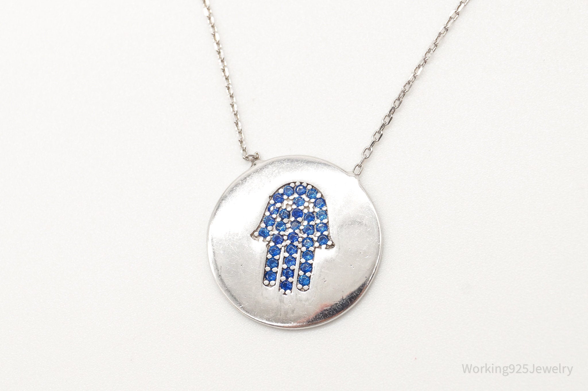 Vintage Blue Cubic Zirconia Hamsa Hand Sterling Silver Necklace