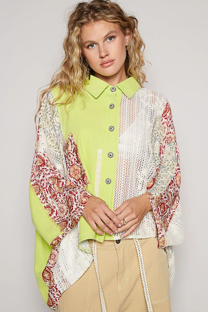POL Thermal and Crochet Lace Mix Shirt with Floral Pattern
