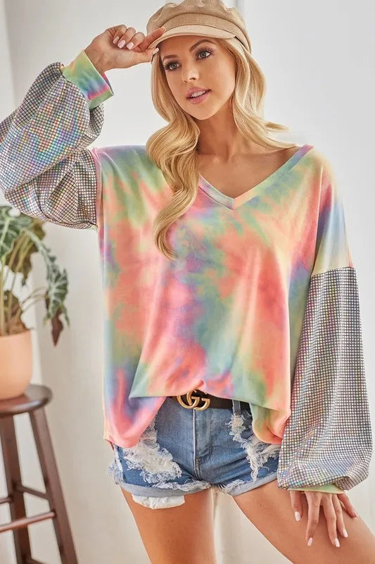 BiBi V Neck Tie Dye French Terry Top with Shiny