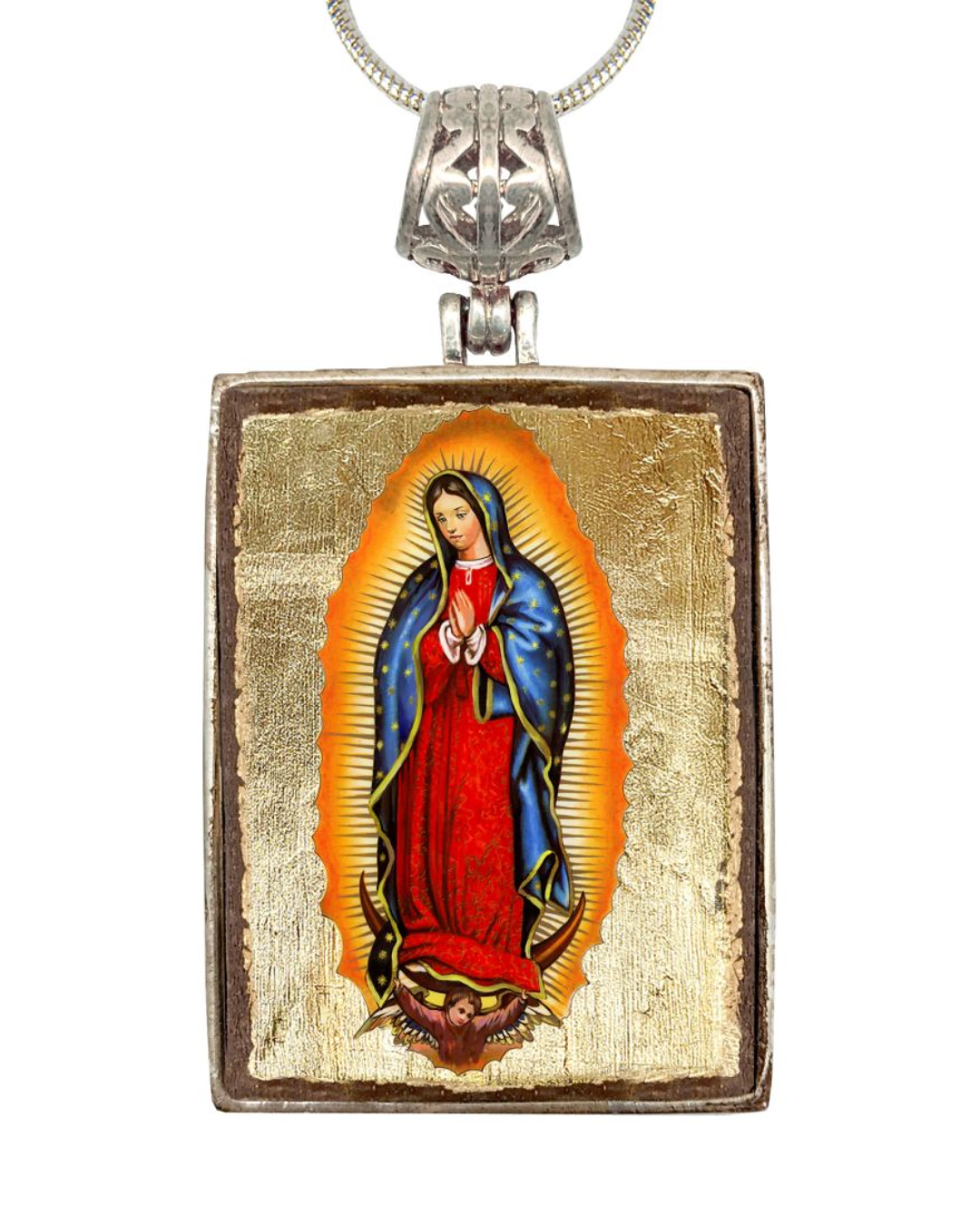 Lady of Guadalupe Religious Jewelry Silver Plated Necklace, Gold-Plated Wooden Cabochon - Catholic Sacred Icon - Inspirational Icon Decor - 43032R