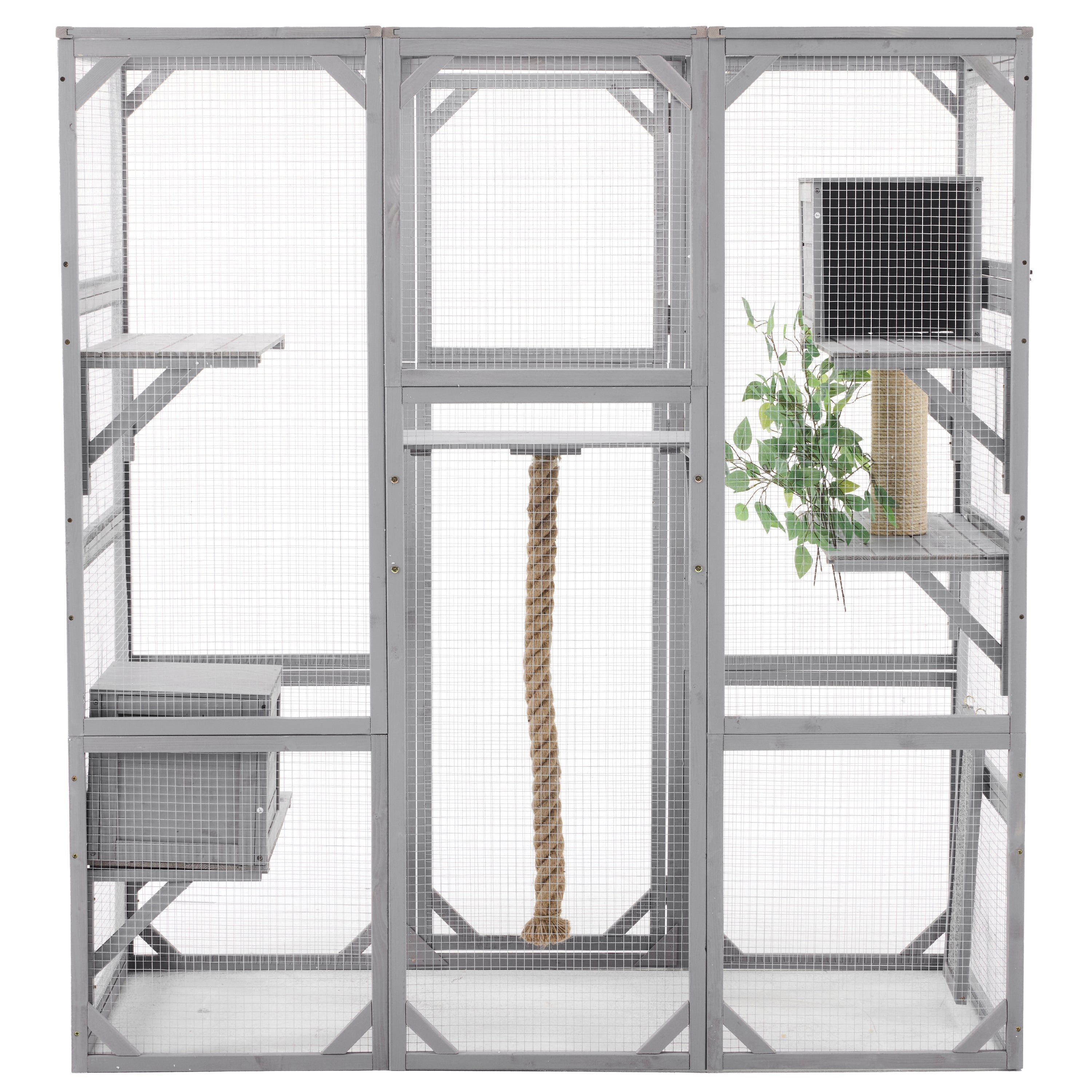Outdoor Cat House, DIY Cat Enclosure Catio with Double Enter Doors, Light Grey Pine Wood, 62.8&amp;#39;L x 32.2&amp;#39;W x 68.5&amp;#39;H