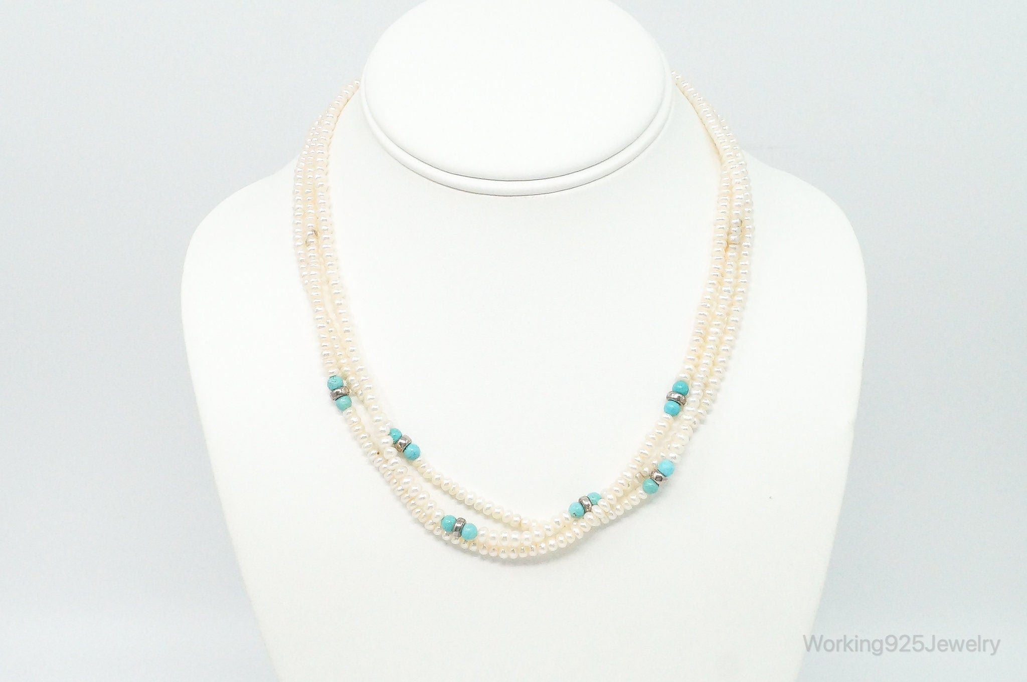 Vintage Native American Turquoise &amp;amp; Pearl Sterling Silver Bead Necklace