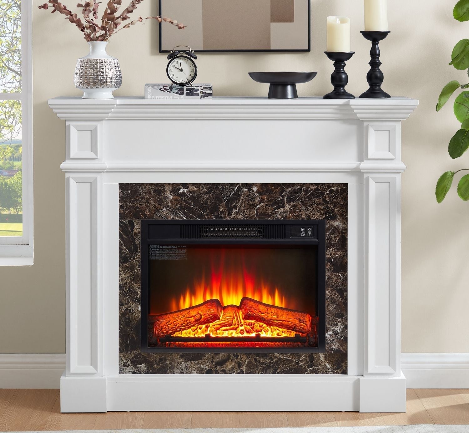 Electric Fireplace with Mantel, Fireplace Mantel, Fireplace Heater Freestanding, Realistic Stacked Stone Surround with Remote Control Timer LED Flame, White, 45.66&amp;quot;W*11.8&amp;quot;D*40&amp;quot;H