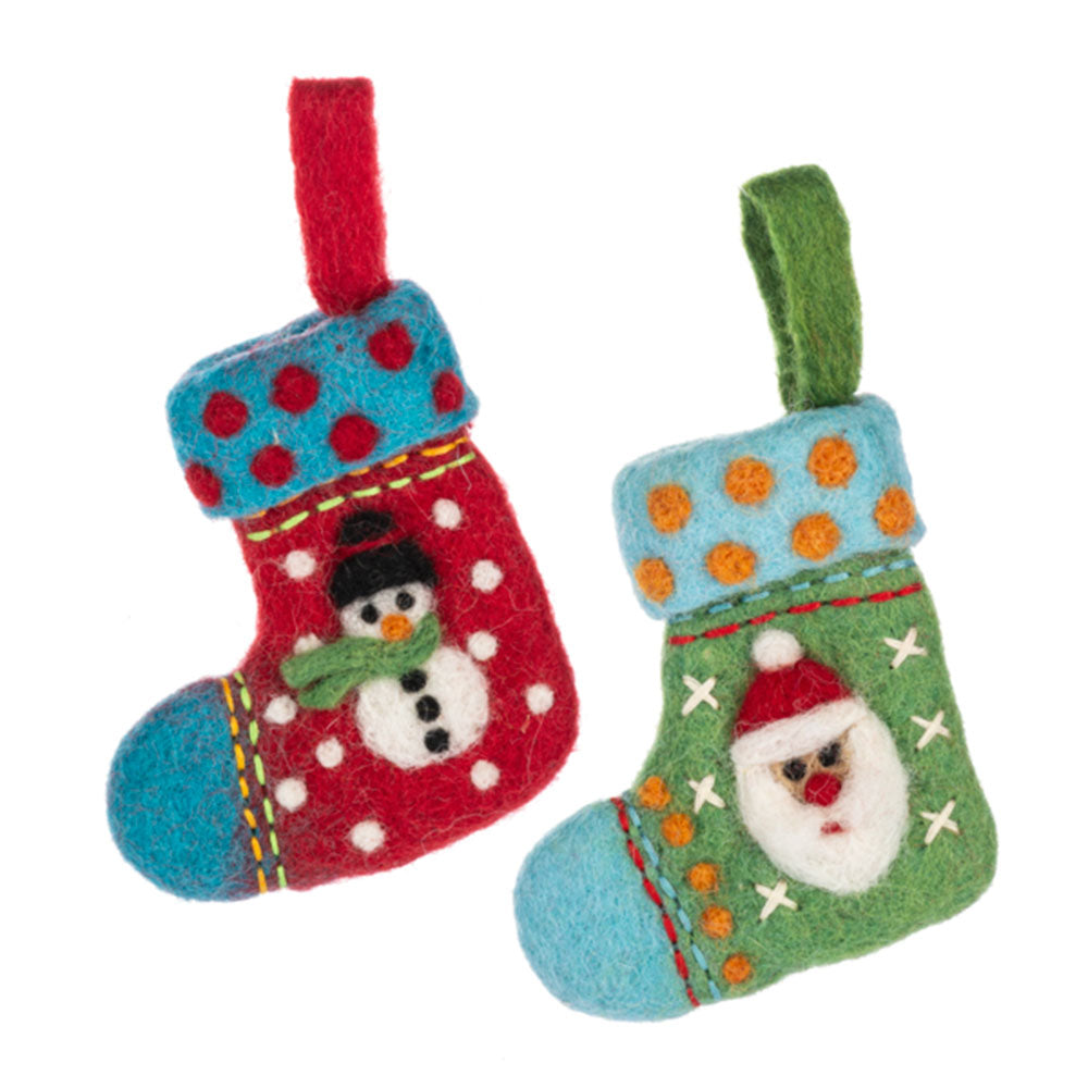 Felted Wool Santa &amp;amp; Snowman Stocking Ornaments Set of 2